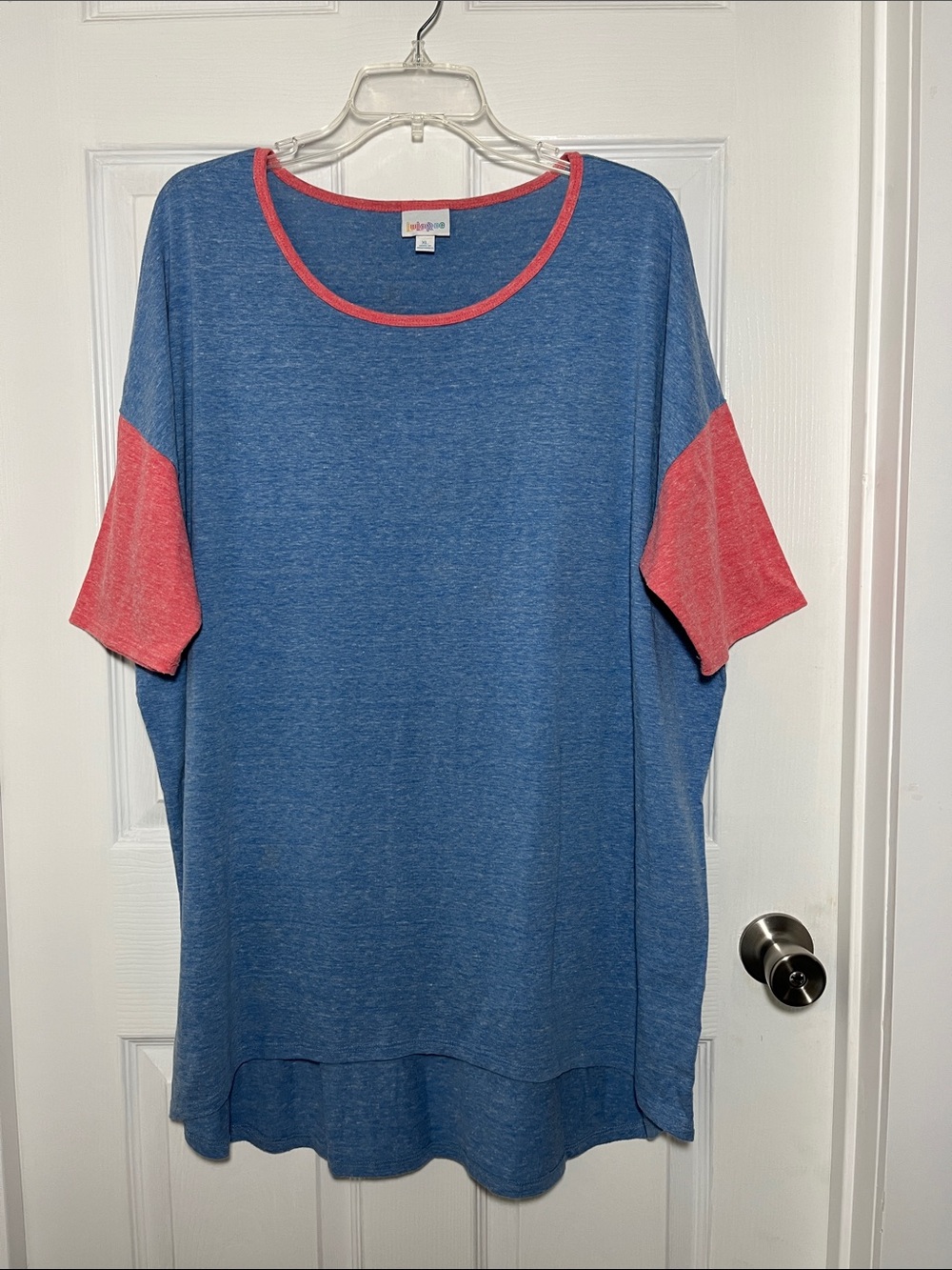 LuLaRoe Oversized Blue Tunic with Coral Trim and Sleeves